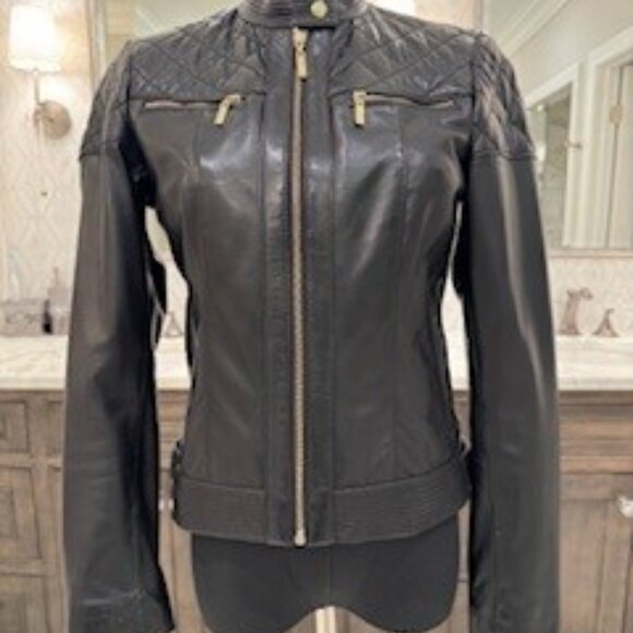 Cole Haan Black Lambskin Leather Jacket with gold accents XS. - Picture 2 of 5